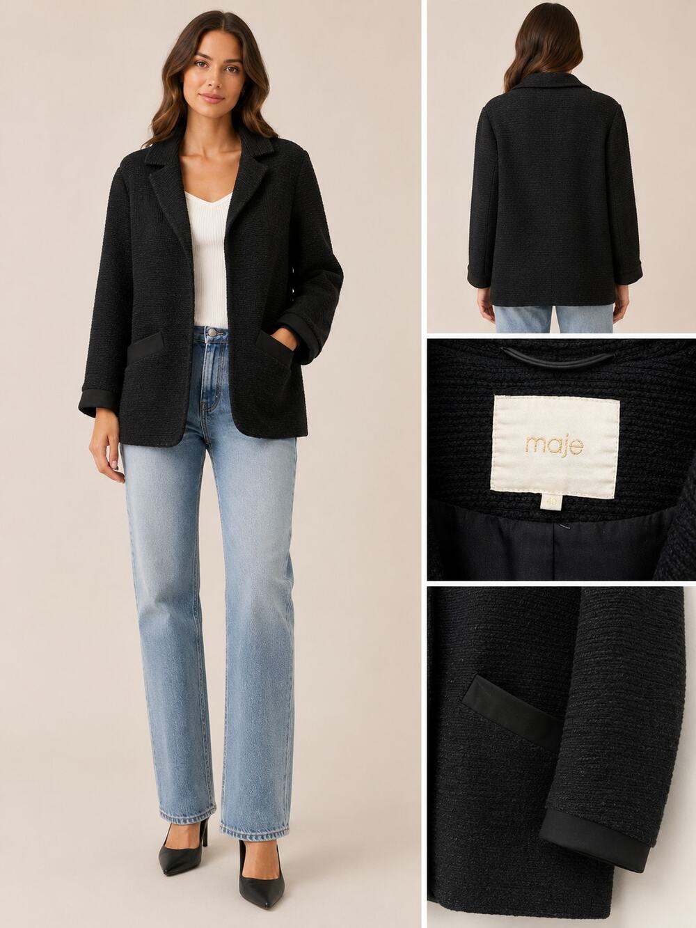 Maje Textured Open Front Blazer Jacket Black Size 40/XL